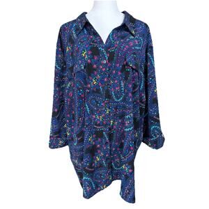 Women's Catherines Blouse Plus Sz 4X 3/4 Sleeves Button Up Tunic Blue Floral